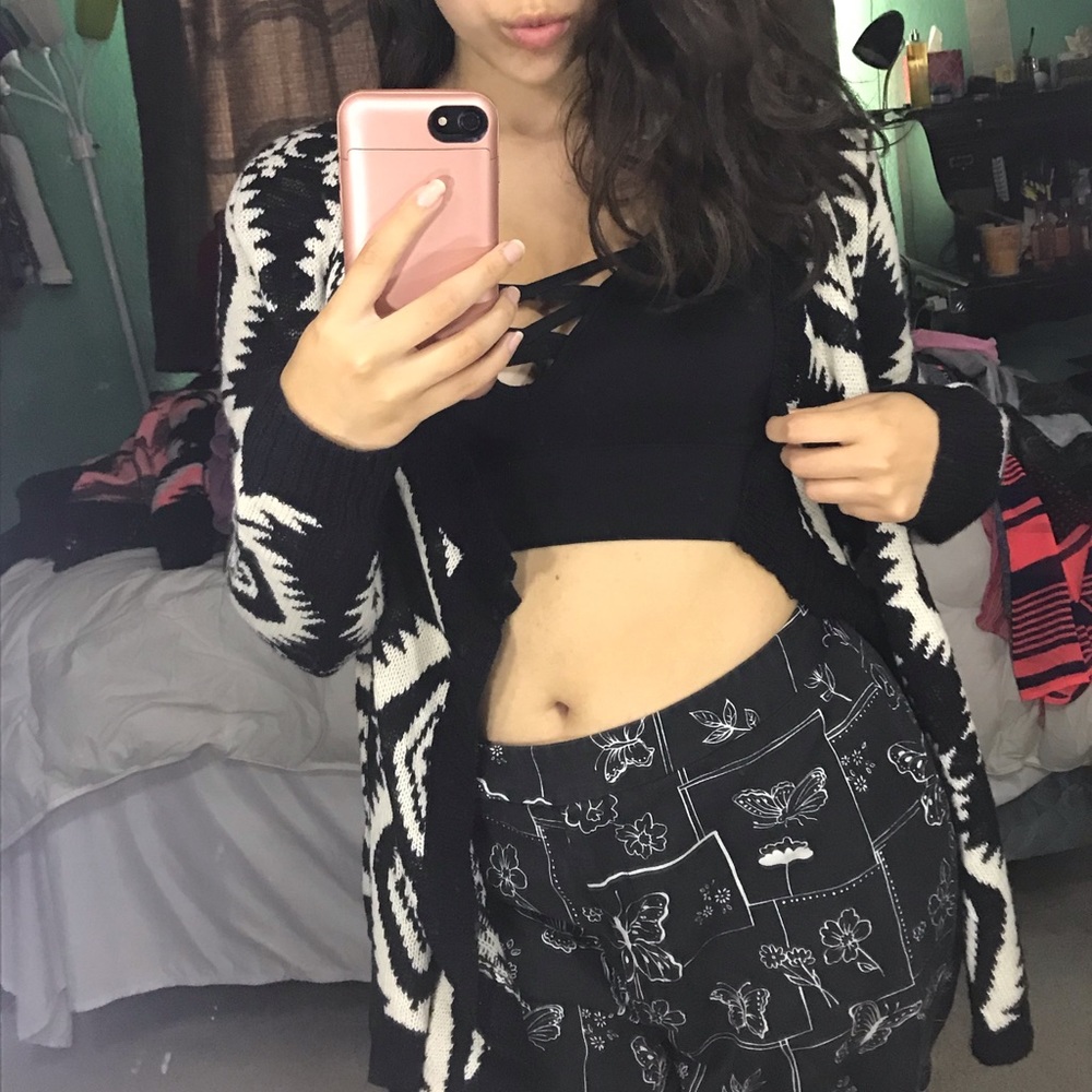 black and white knitted cardigan